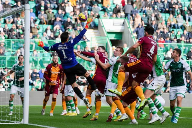 David Marshall goes up for a deep cross during Hibs' cinch Premiership clash with Motherwell at Easter Road. Picture: SNS