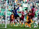 David Marshall goes up for a deep cross during Hibs' cinch Premiership clash with Motherwell at Easter Road. Picture: SNS