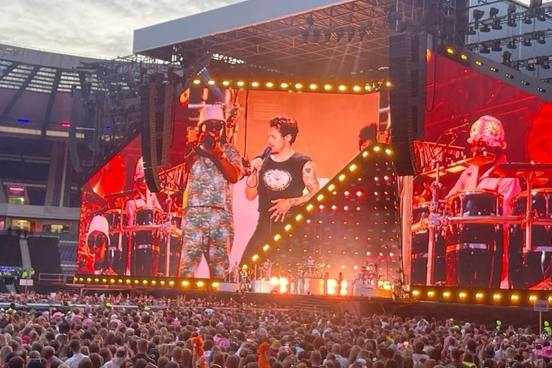 Harry Styles singing one of his hits at BT Murrayfield Stadium on Friday night, at the first of two gigs he will play in Edinburgh, with the second taking part on Saturday night.