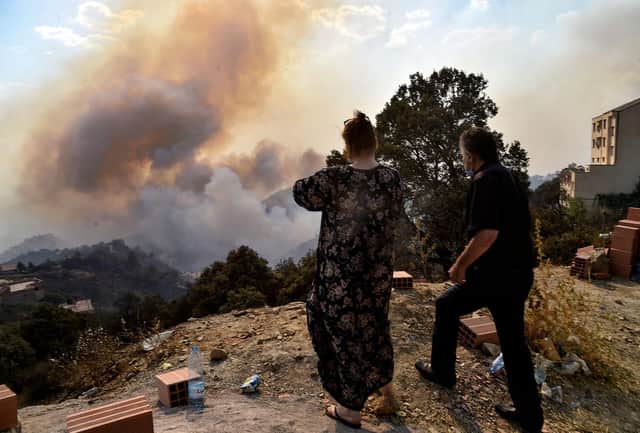 A wildfire rages in the forested hills of the Kabylie region, east of the Algerian capital Algiers, earlier this month. Dozens of people have been killed in the fires (Picture: Ryad Kramdi/AFP via Getty Images)