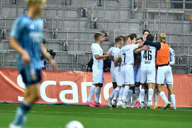 Luzern players celebrating during the first leg victory over Djurgardens. Hibs will now face off against the Swiss side for a place in the play-off. Picture: Getty