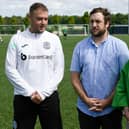 Hibs chief executive Ben Kensell with Ian and Kit Gordon during the inaugural 24-Hour Football Charity match in honour of the late Ron Gordon, at the Hibernian Training Centre. Photo by Mark Scates / SNS Group