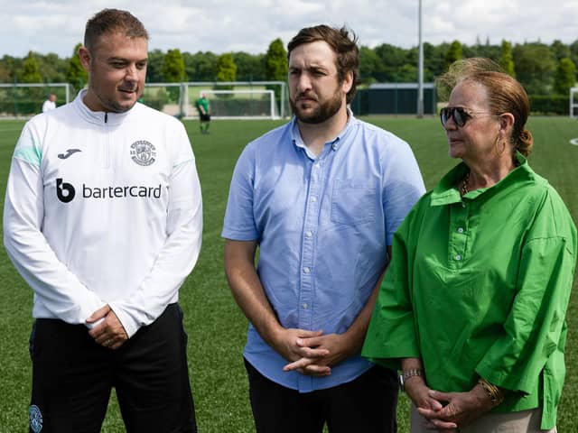 Hibs chief executive Ben Kensell with Ian and Kit Gordon during the inaugural 24-Hour Football Charity match in honour of the late Ron Gordon, at the Hibernian Training Centre. Photo by Mark Scates / SNS Group