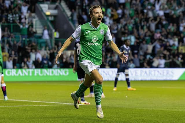 Dylan Vente celebrates giving Hibs a 2-1 lead in their Europa Conference League third-qualifying round game with Hibs. Picture: SNS