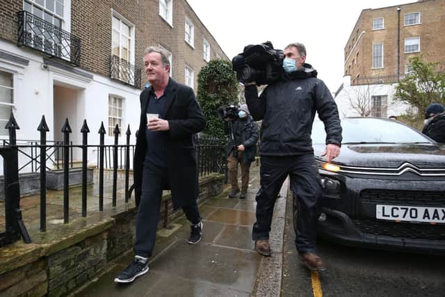 Piers Morgan (left) returns to his home in Kensington, central London, the morning after it was announced by broadcaster ITV that he was leaving as a host of Good Morning Britain.
