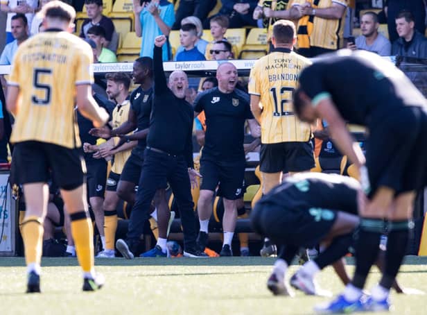 Livingston manager David Martindale celebrates at full time during after beating Hibs again. Picture: Alan Harvey / SNS