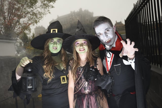 Greater Grassmarket's free Halloween event photocall in 2017 at The Vennel with Liam Lambie as Dracula, Talia Stirling as the Witch and Taylor McEvoy (9).