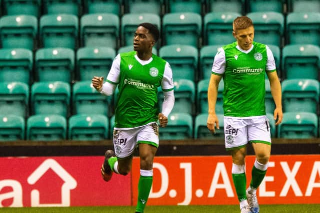Stephane Omeonga celebrates his goal for Hibs against Inverness. Pic: SNS