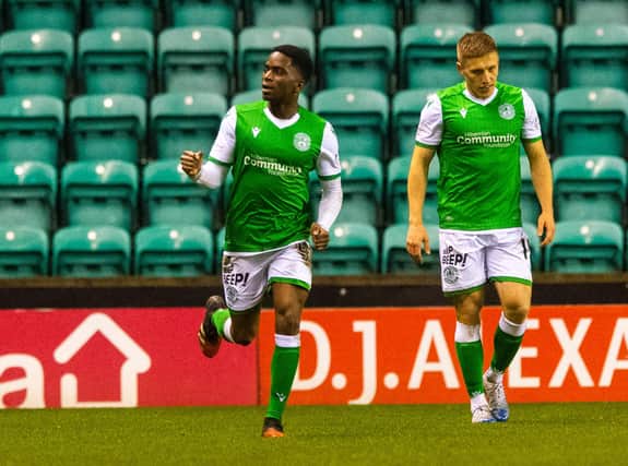 Stephane Omeonga celebrates his goal for Hibs against Inverness. Pic: SNS