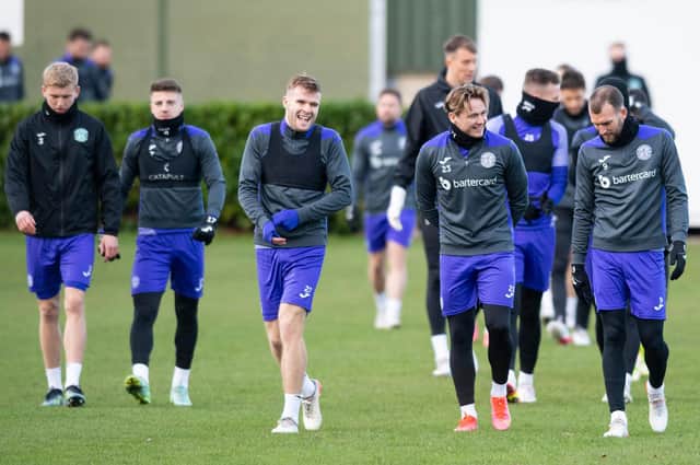 The Hibs squad in training ahead of Saturday's cinch Premiership encounter with Motherwell. Picture: SNS