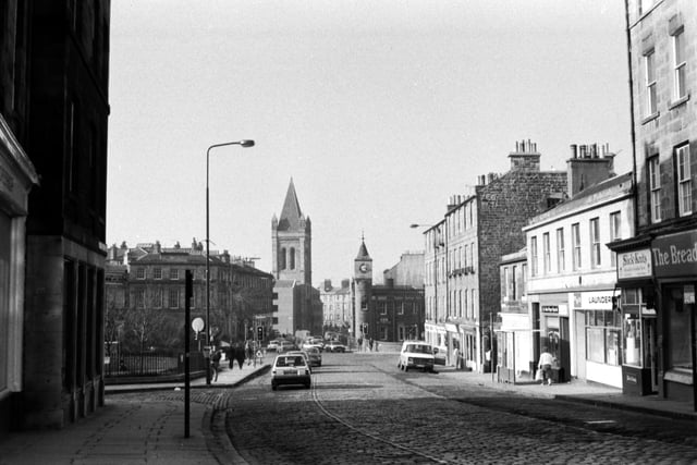 A view of the Stockbridge area of Edinburgh, looking towards Raeburn Place in March 1985.