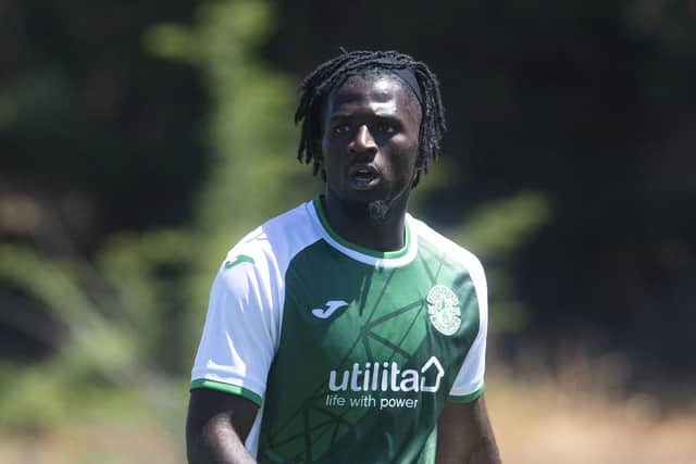 Rocky Bushiri in action for Hibs during a pre-season friendly match against Hartlepool United at the Amendoeira Golf Resort in Alcantarilha, Portugal