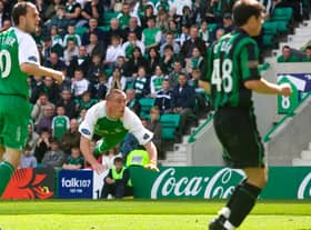 Scott Brown scores for Hibs against Celtic in May 2007 having already signed for the Parkhead club. He was cheered by both sets of fans