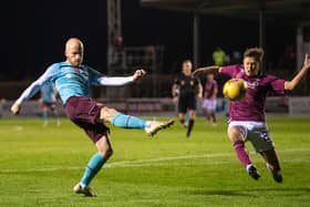 Liam Boyce shoots for goal the last time Hearts and Arbroath faced in October. Picture: SNS