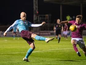 Liam Boyce shoots for goal the last time Hearts and Arbroath faced in October. Picture: SNS
