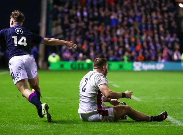 A penalty try is awarded  after England’s Luke Cowan-Dickie plays a forward pass out of play under challenge Dary Graham.