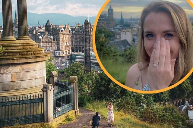 A couple are 'really grateful' after their wedding engagement at Calton Hill was captured by strangers (Photo: Natasha Kappella and 'Rachel').