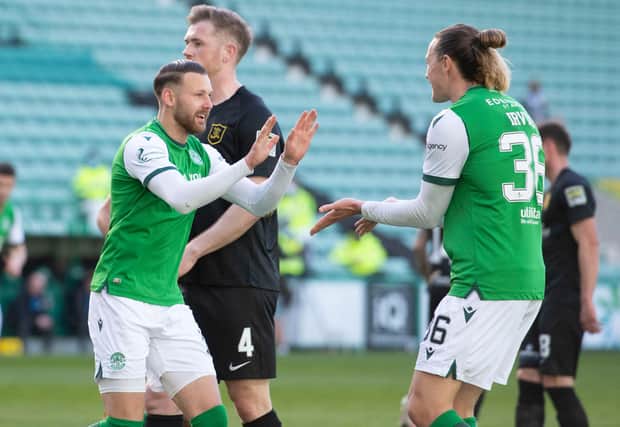 Hibs' Martin Boyle celebrates making it 2-0 over Livingston with Jackson Irvine. (Photo by Mark Scates / SNS Group)