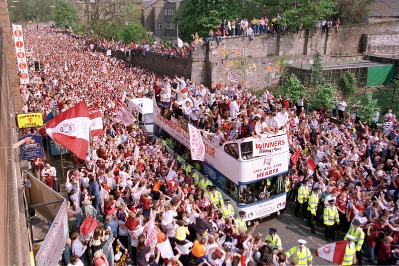 Masses of Hearts fans greeted the arrival of the team on Gorgie Road, Edinburgh when they paraded the Tennents Scottish Cup in May 1998, their first major trophy in over 30 years.