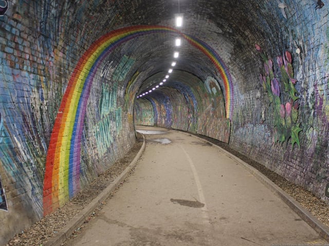 The old railway tunnel connecting Colinton Village to Craiglockhart Dell was transformed into a vibrant mural between 2018 and 2020, depicting the village’s history. Chris Rutterford led a team of more than 600 people to pain the 140-metre long tunnel and it is now Scotland’s largest heritage mural. Photo: Graeme-Yuill