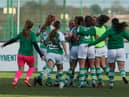 Hibs at the final whistle following their 2-1 victory over Glasgow City in the SWPL Cup. Credit: Colin Poultney