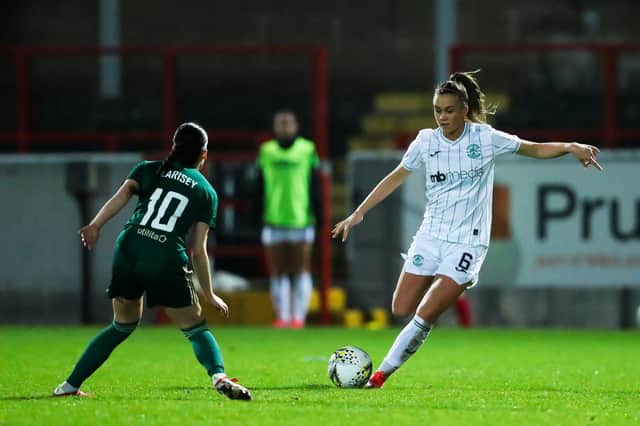 Hibs defender Leah Eddie in action against Celtic's Clarissa Larisey during the SWPL Cup meeting between the two sides in November. Picture: Craig Doyle / Hibernian Women