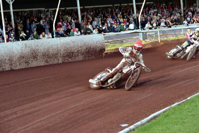 Action from a Gulf Monarchs v Peterborough speedway meet at Powderhall track in August 1992. The Monarchs called Powderhall their home from 1977 until its closure in 1995.