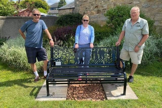 Memorial bench to remember those who worked in the Roslin Moat Pit Bench which closed in 1969. Pictured are Midlothian councillor Pauline Winchester and Community Councillor Jim Hiddleston and Stewart Maclean from Roslin Mens Shed.