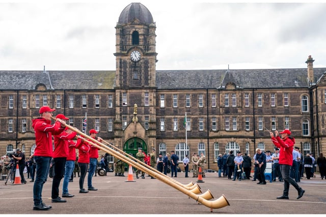 Alpine horn players from the Swiss Armed Forces Central Band during a rehearsal for this year's Royal Edinburgh Military Tattoo at Redford Barracks in Edinburgh. This year's show, entitled Stories, celebrates limitless forms of expression through Stories and transports audiences on a journey of ideas, from the earliest campfire stories through to the world stage. Photo credit: Jane Barlow/PA Wire