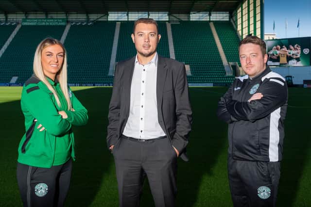 EDINBURGH, SCOTLAND - SEPTEMBER 20:  Hibernian Chief Executive Officer, Ben Kensell (centre), head Coach Dean Gibson (right) and Siobhan Hunter (left) are pictured during a Hibernian Women's press conference at Easter Road, on September 20, 2021, in Edinburgh, Scotland. (Photo by Mark Scates / SNS Group)  