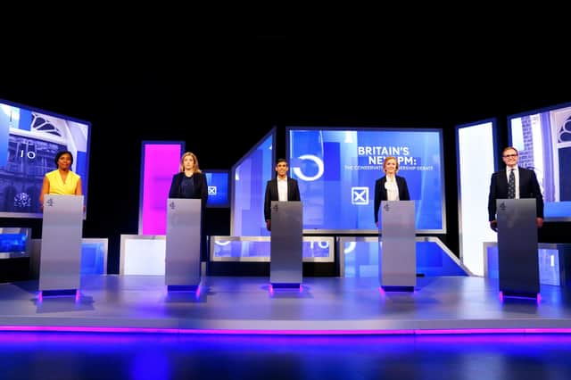 Kemi Badenoch, Penny Mordaunt, Rishi Sunak, Liz Truss and Tom Tugendhat take part in a Conservative party leadership debate on Channel 4 (Picture: Victoria Jones/PA)