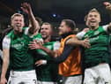 Josh Doig (left) and Ryan Porteous (right) celebrating Hibs' victory in the Premier Sports Cup semi-final victory over Rangers last season. Picture: SNS