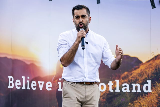 First Minister of Scotland Humza Yousaf addresses a crowd outside the Scottish Parliament following a Believe in Scotland march from Edinburgh Castle.  Photo: Jane Barlow/PA Wire
