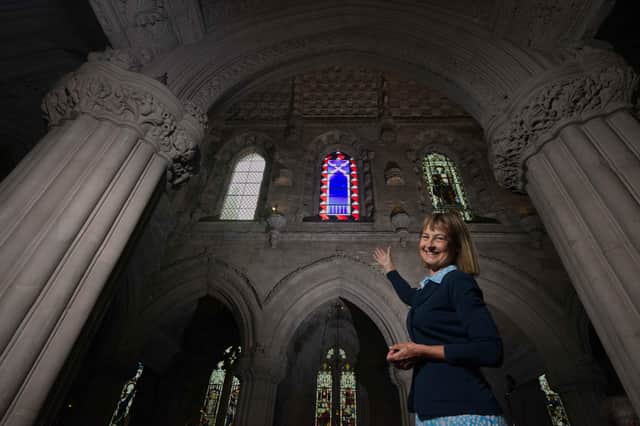 The Countess of Rosslyn with the new stained glass window (Photo by Rob McDougall)