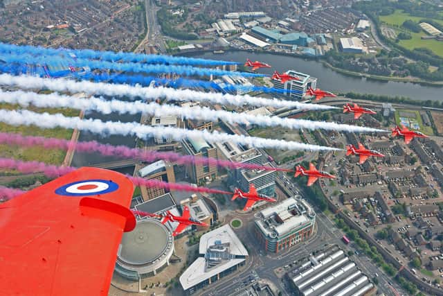 The Red Arrows carrying out a flypast over Belfast to mark VJ Day. (SCpl Adam Fletcher/RAF/PA Wire)