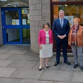 Tom Arthur, Minister for Public Finance, Planning and Community Wealth, with Ellen Scott, Chair of Gorebridge Community Cares, and local MSP Christine Grahame.