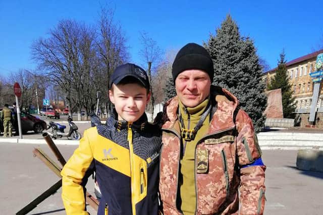 Steve Cardownie's brother-in-law Sasha, who is staying in Ukraine to fight the invading Russian forces, says goodbye to his 14-year-old son Yura, who is now a refugee