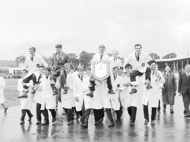 A view of the Royal Highland Show showing the Scottish team of young farmers with the Scotsman Trophy in 1966.