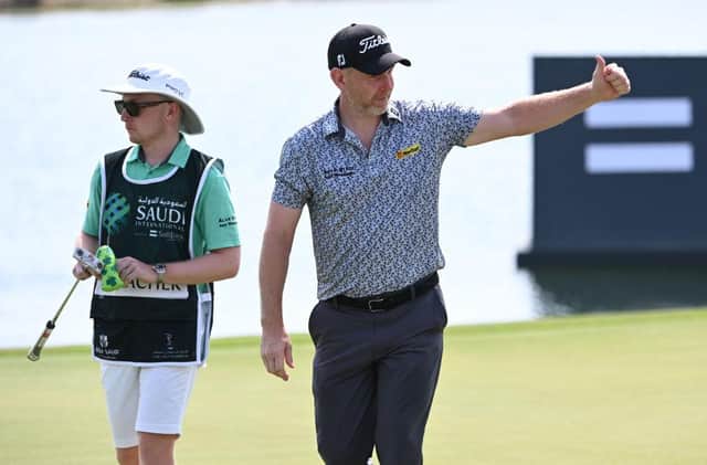 Stephen Gallacher gives the thumbs up after completing his round in the Saudi International powered by SoftBank Investment Advisers at Royal Greens Golf and Country Club in King Abdullah Economic City. Picture: Ross Kinnaird/Getty Images.