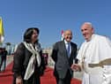 Iraq's President Barham Saleh and his wife Sarbagh bid farewell to Pope Francis at Baghdad International Airport (Picture: Vatican Media/AFP via Getty Images)