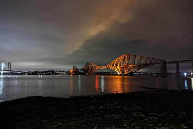 The night-time view of the Forth Bridge and the Firth of Forth from outside Thirty Knots in South Queensferry.