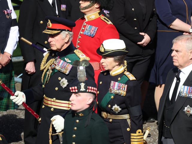 (Left to right) King Charles III, the Princess Royal and the Duke of York walk behind Queen Elizabeth II's coffin during the procession from the Palace of Holyroodhouse to St Giles' Cathedral, Edinburgh.