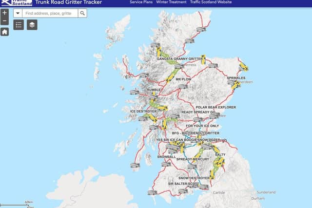 Traffic Scotland's trunk road gritter tracker shows the likes of Gangsta Granny Gritter, For Your Ice Only and Mr Plow in action. Picture: Transport Scotland