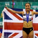 Jenny Selman celebrates with the gold medal after winning the women's 800 metres final at UK  Indoor Championships in Birmingham