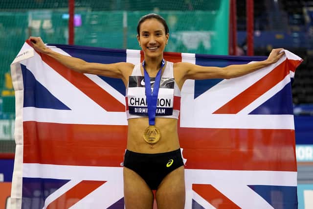 Jenny Selman celebrates with the gold medal after winning the women's 800 metres final at UK  Indoor Championships in Birmingham