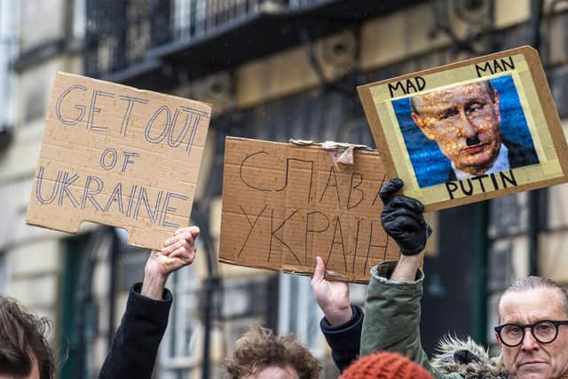 Demonstrators protest outside the Russian Consulate in Edinburgh following Putin ordering the invasion of Ukraine. (Picture credit: Lisa Ferguson)