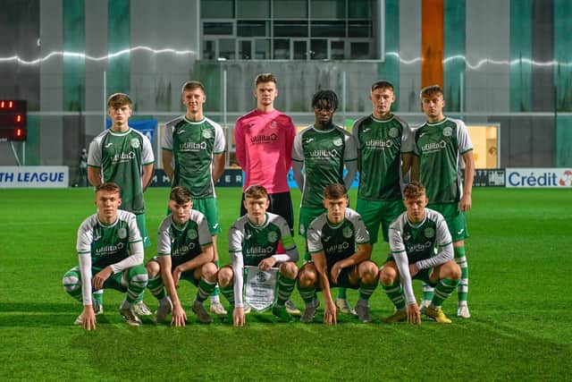 The Hibs Under-19 team line up ahead of the victory over Nantes at the Stade Marcel-Saupin. Picture: Nicolas Louerat