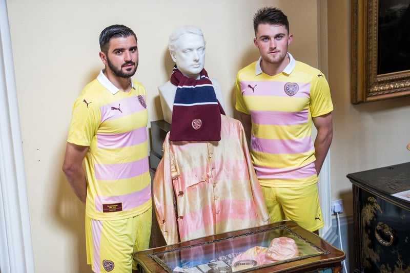 A real 'Marmite' Hearts away strip based on the Roseberry colours originally worn by Scotland. The strip is a modern take on the Scotland jersey worn by club legend, Bobby Walker. Photo by Ian Georgeson.