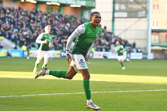 Demetri Mitchell wheels away after scoring on his first start for Hibs