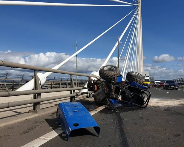 A tractor fell off a lorry on the Queensferry Crossing. Photo: Police Scotland